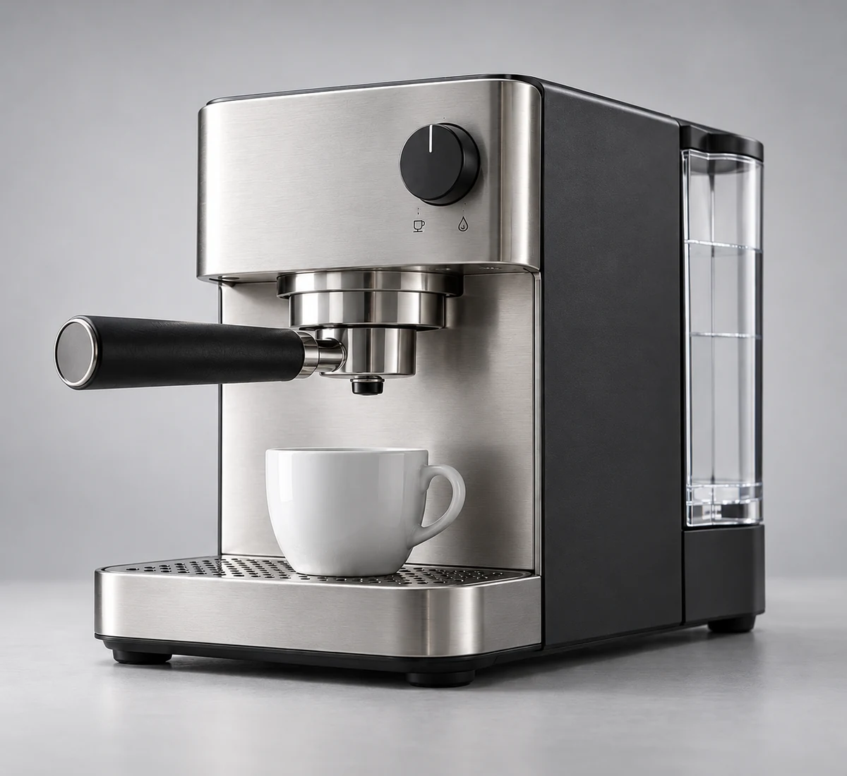Fictional M-01 coffee machine, with a brushed silver front, central black control, left-facing portafilter, white cup and clear rear-right water tank.