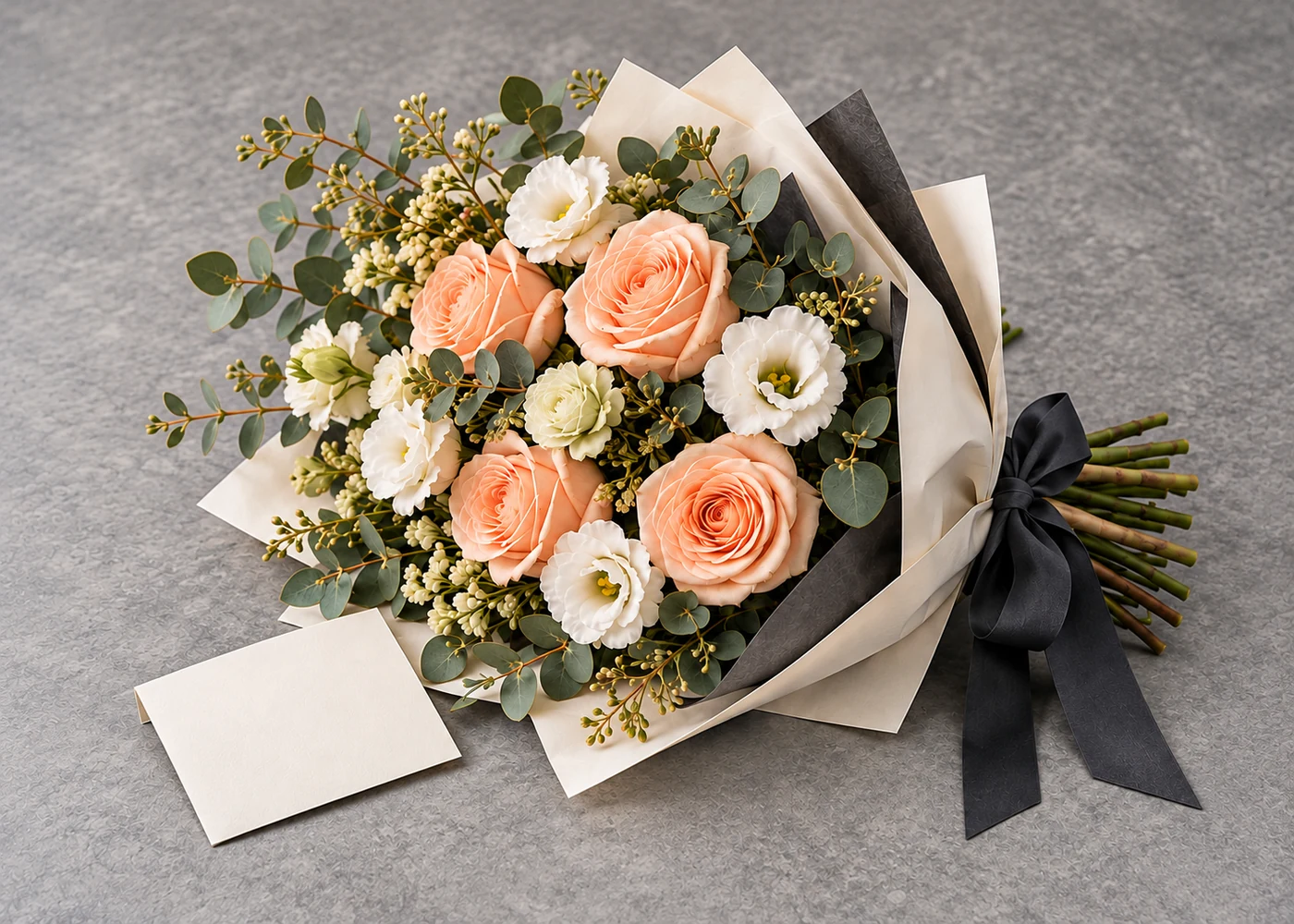 Peach Blush, a fictional bouquet with cream accent flowers, ivory paper wrapping and a blank message card.