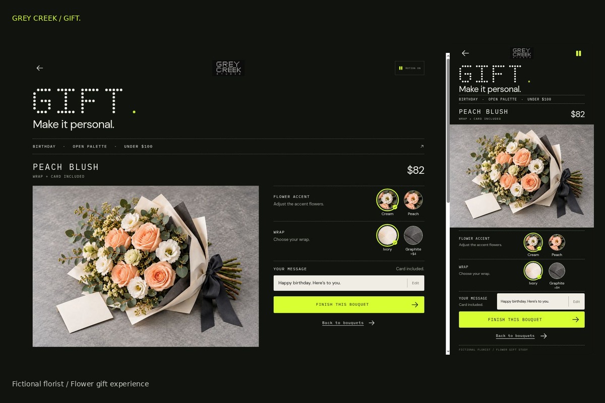 GIFT flower selection and personalization on desktop and mobile, featuring Peach Blush and prepared accent and wrapping choices.