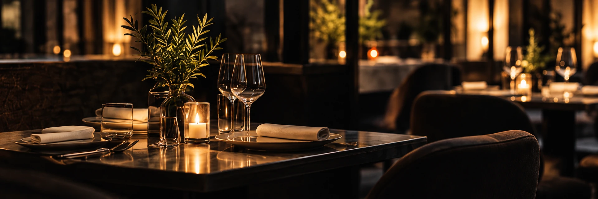 The Juniper Room, a fictional intimate restaurant with candlelit tables and dark walnut furniture.