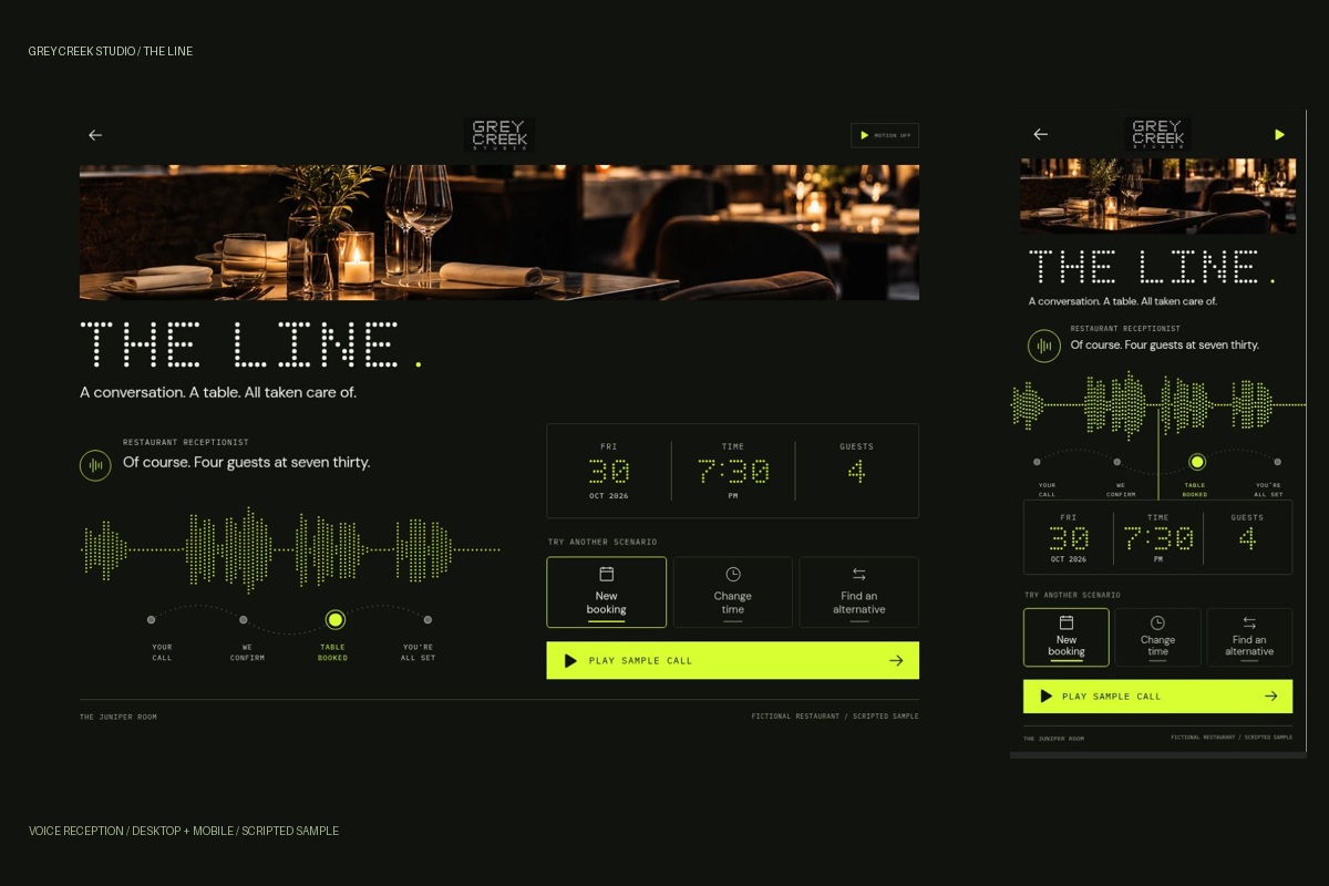 The Line voice-reception experience with a dotted waveform and fictional reservation details.