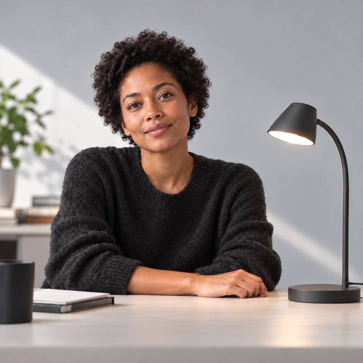 The selected fictional woman with short natural curls sits beside the graphite ARC desk light in a neutral studio.