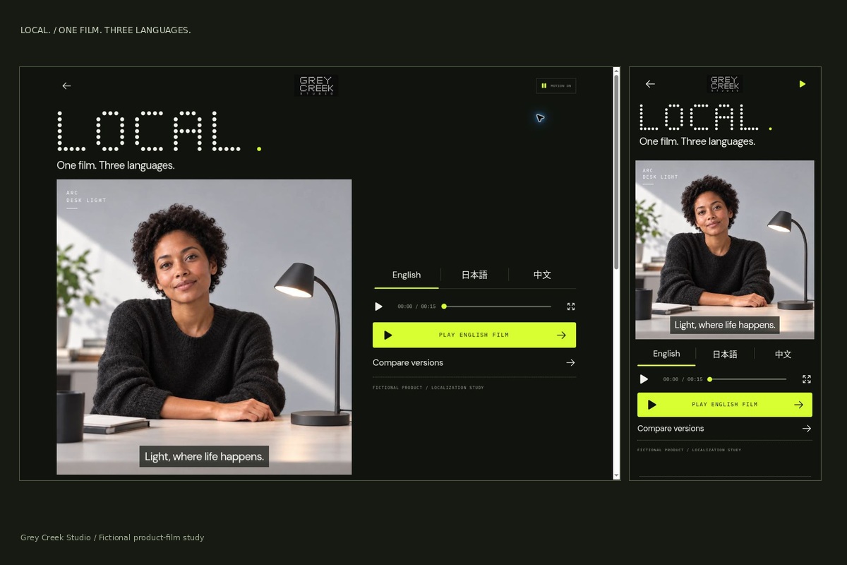 LOCAL product-film localization on desktop and mobile, with a fictional presenter and ARC desk light.