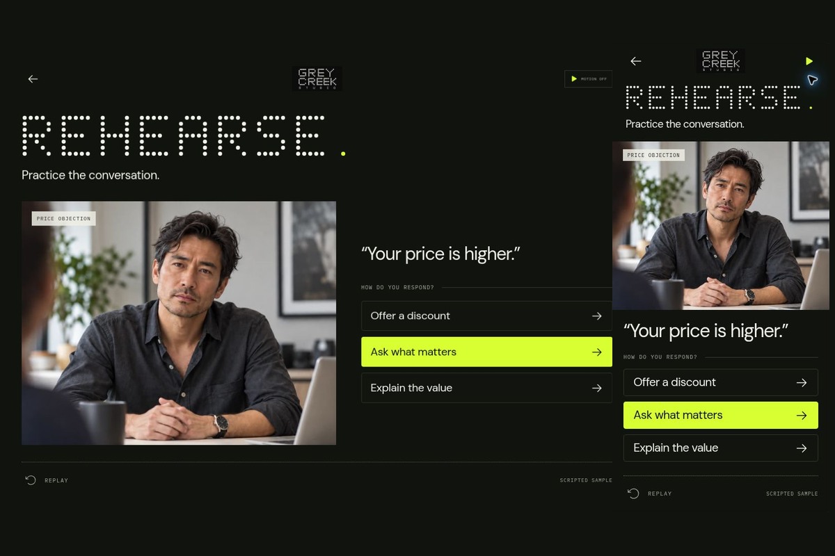 REHEARSE conversation practice on desktop and mobile, with a fictional customer and three reply choices.