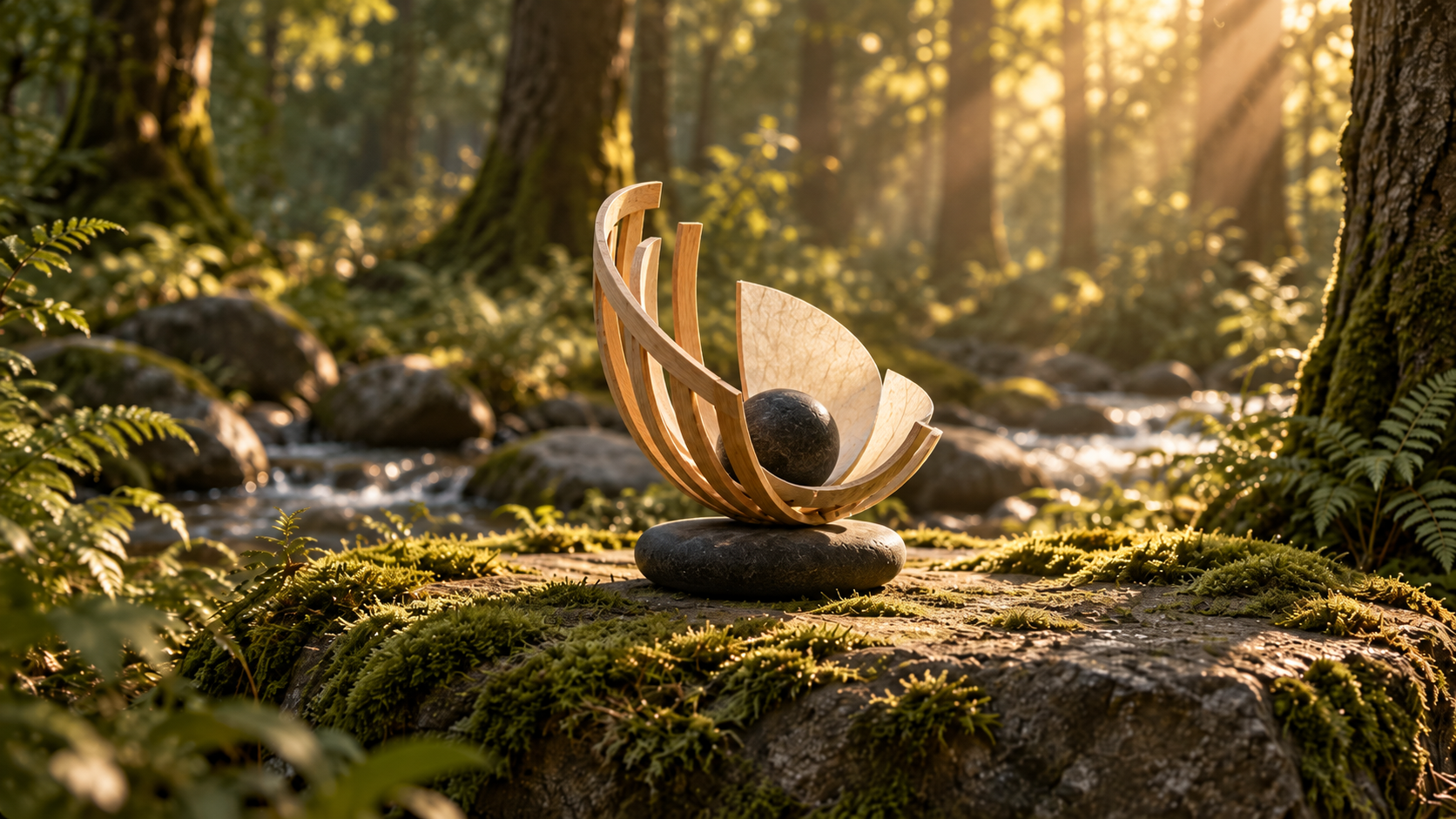 Wood ribs and translucent paper start to rise around the stone