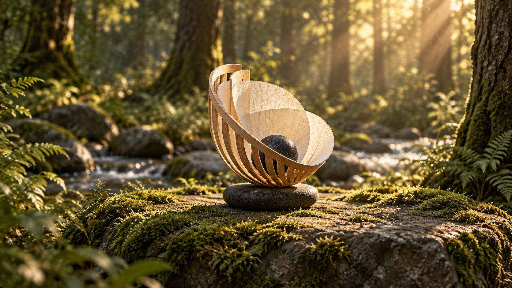 The completed wood and translucent paper sculpture surrounds a dark stone sphere
