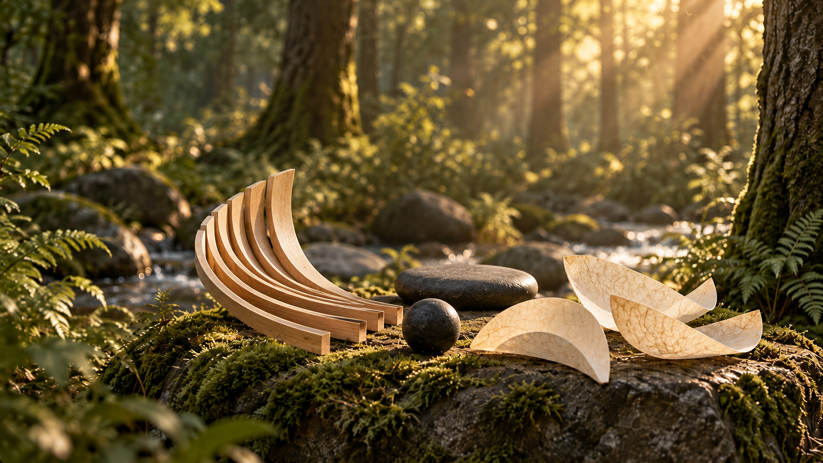 Wood ribs, paper and dark stone lie separate in a sunlit forest