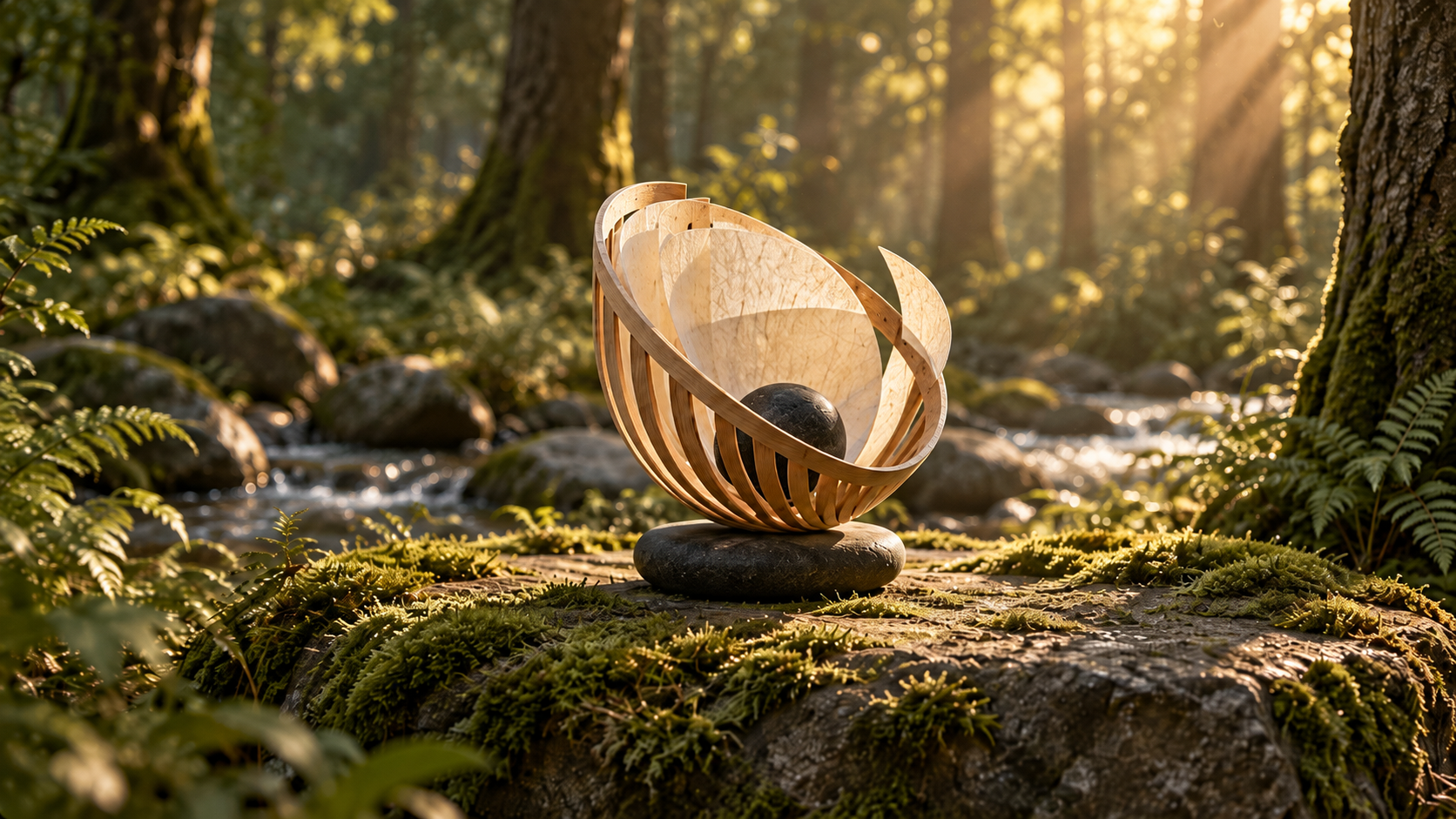 Curved wood and paper close into a more ordered form