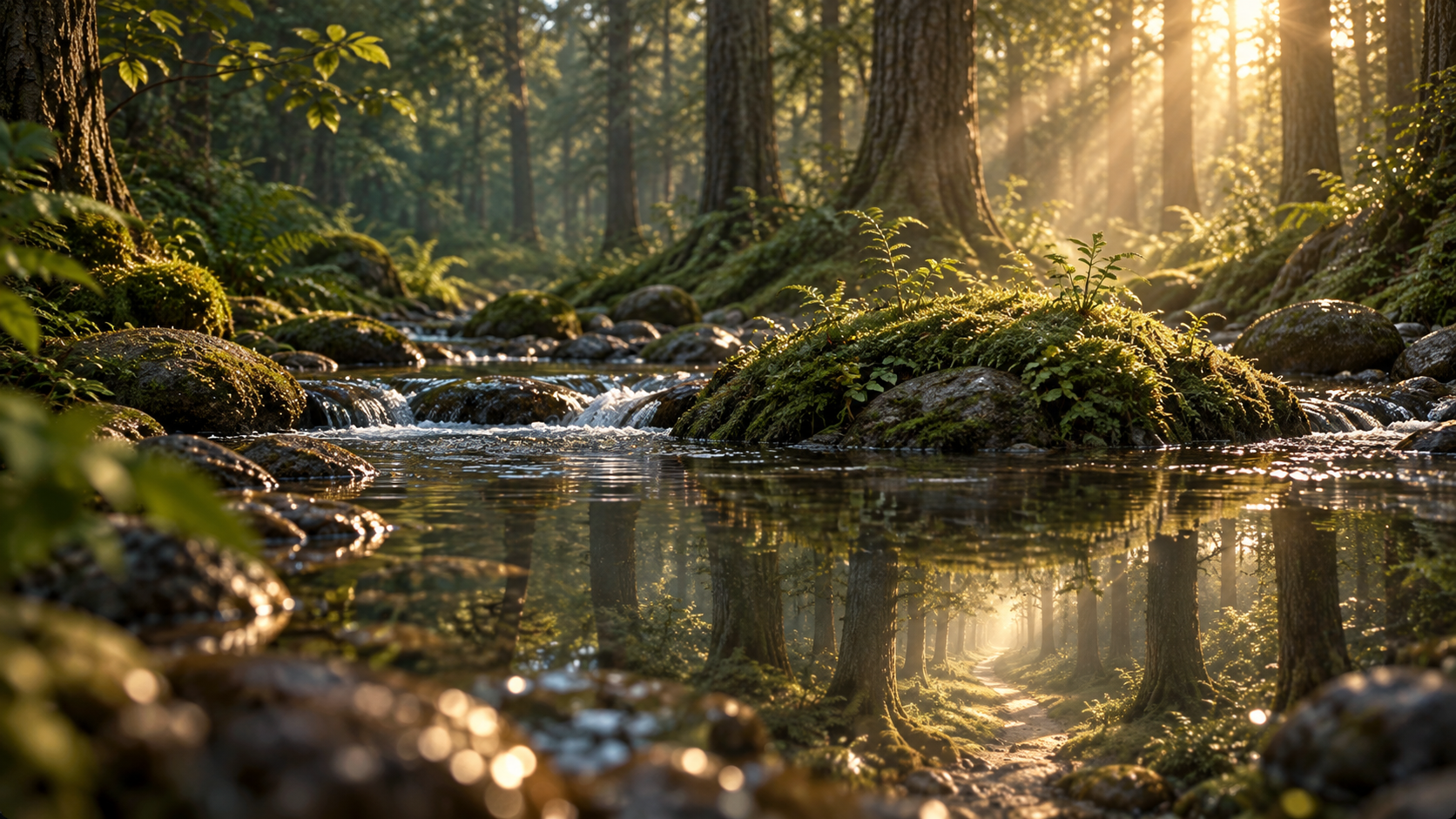 A sunlit forest creek. A path into another forest appears only in its water reflection.