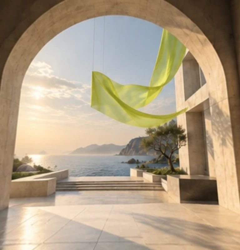 Arrival: An open stone portal. A line of lime fabric. The sea beyond. A prepared view of a fictional coastal pavilion.