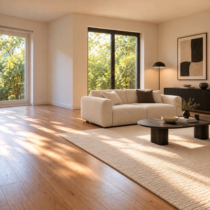 A fictional sunlit living room with a chalk sofa, dark furniture, and a quiet neutral palette