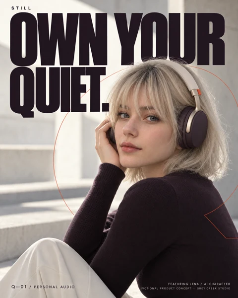 LENA wears the fictional STILL headphones in a campaign portrait with Own Your Quiet typography.