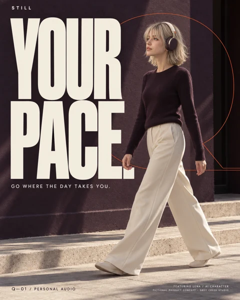 LENA walks beside a deep-plum wall wearing the fictional STILL headphones, with the words Your Pace.