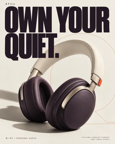 STILL fictional headphones in cream and deep plum, with bold Own Your Quiet typography.