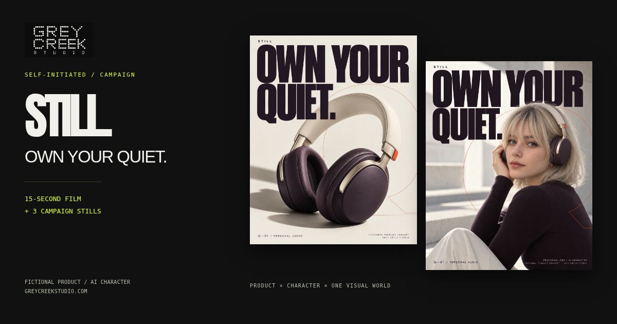 STILL campaign preview with the fictional headphones and LENA campaign portrait.