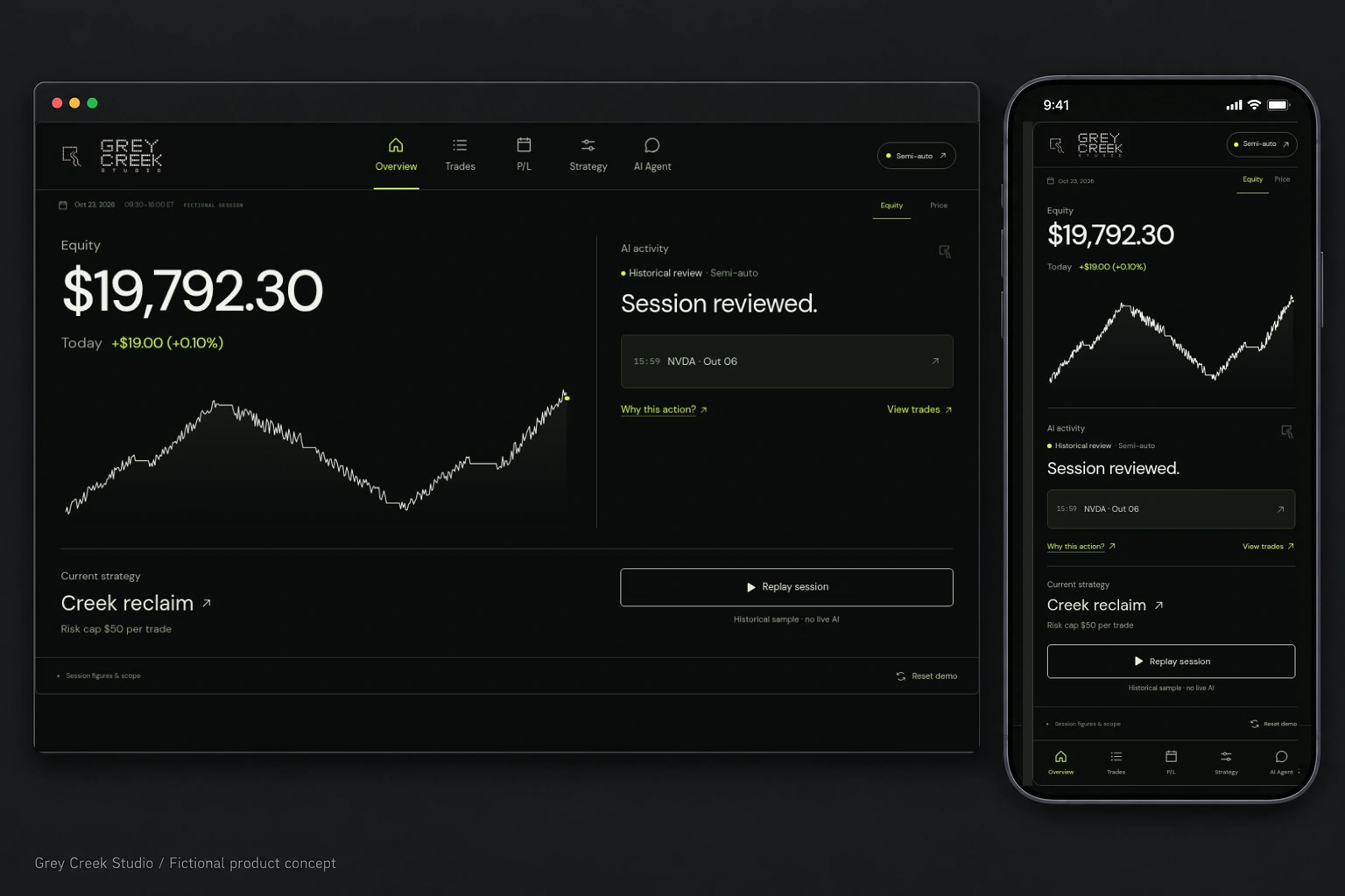 A fictional autonomous trading interface on desktop and phone, showing the same account Equity overview and historical AI activity as the working demo.