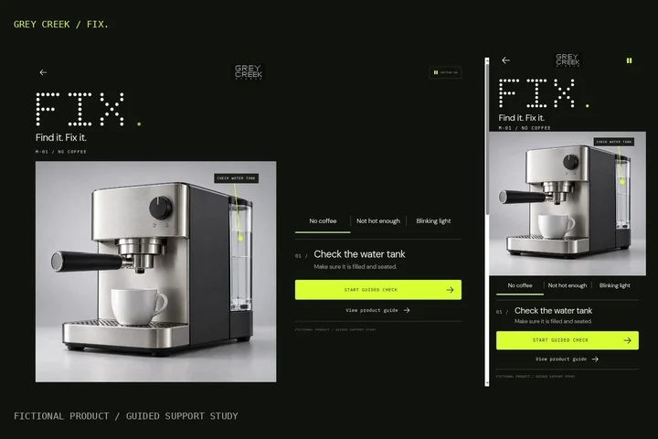 The FIX coffee machine, symptom choices and prepared visual guide.