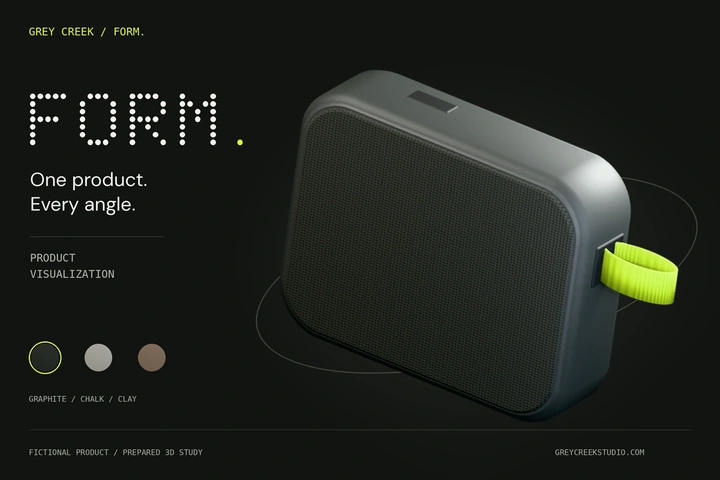 The FORM fictional portable speaker in a prepared 3D product and finish study.