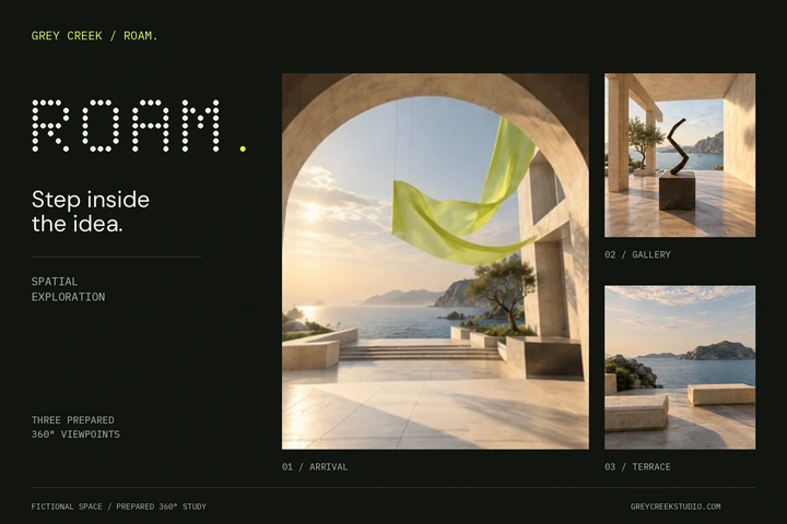 The ROAM fictional coastal pavilion with a stone arch, lime ribbon and three prepared panoramic viewpoints.