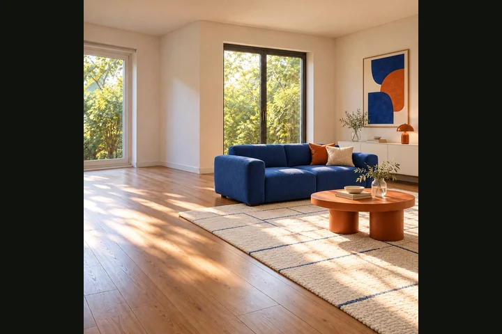 A sunlit fictional living room with a blue sofa, bright chair and warm wood furniture.
