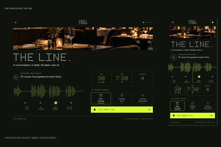 The Line sample voice reception with a dotted waveform and reservation details.
