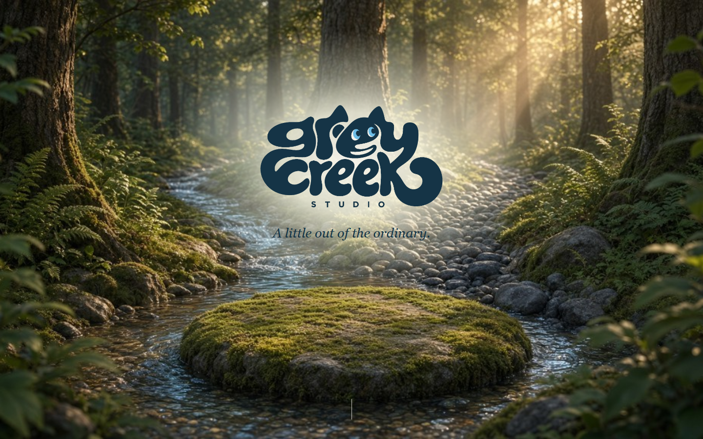 The Grey Creek browser prototype: its full logo and A little out of the ordinary tagline in a sunlit forest creek.